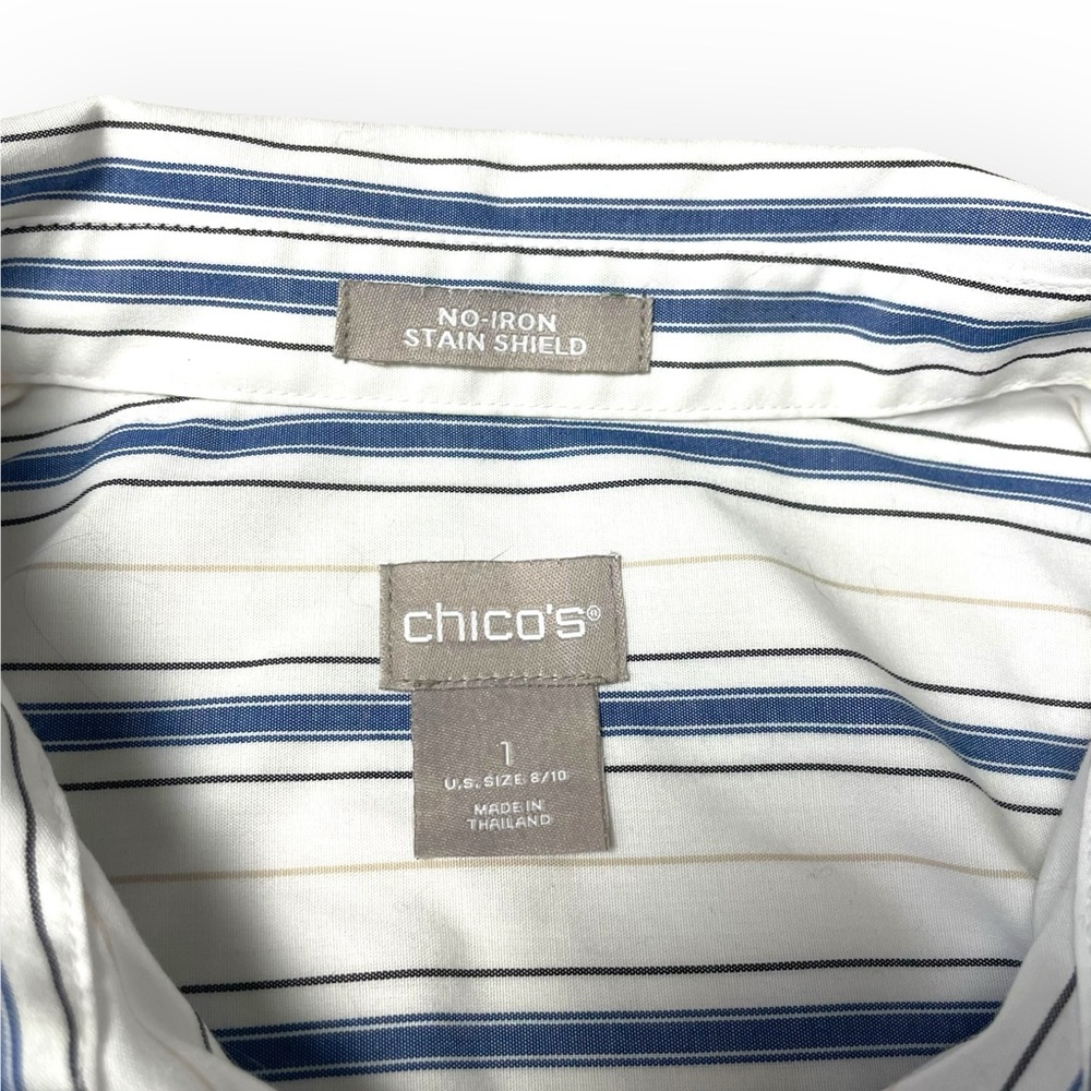 Chico's Blouse No-Iron Stain Shield Blue Stripped Cotton Button Up Top size 1 - Picture 5 of 10